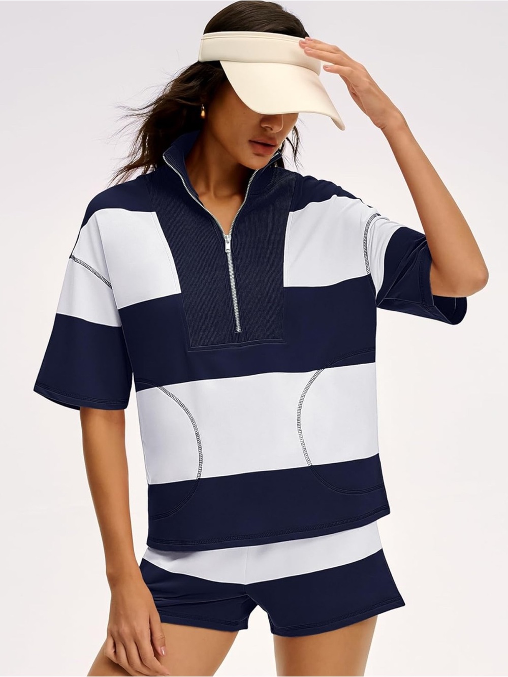 Coastal Navy Stripe Quarter Zip Top & Shorts Set - Picture 2 of 13